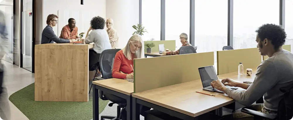 Individuals working at separated desks in a modern office space
