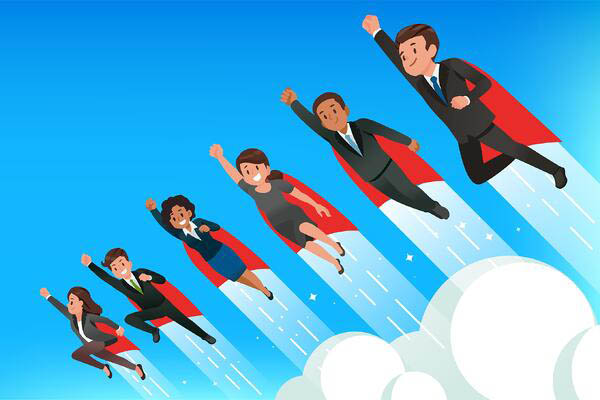 Illustration of businessmen flying in sky whilst smiling with cape on
